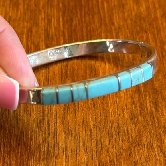 Blue Turquoise Southwestern Navajo Sterling Silver Inlay Bracelet - Picture 4 of 17